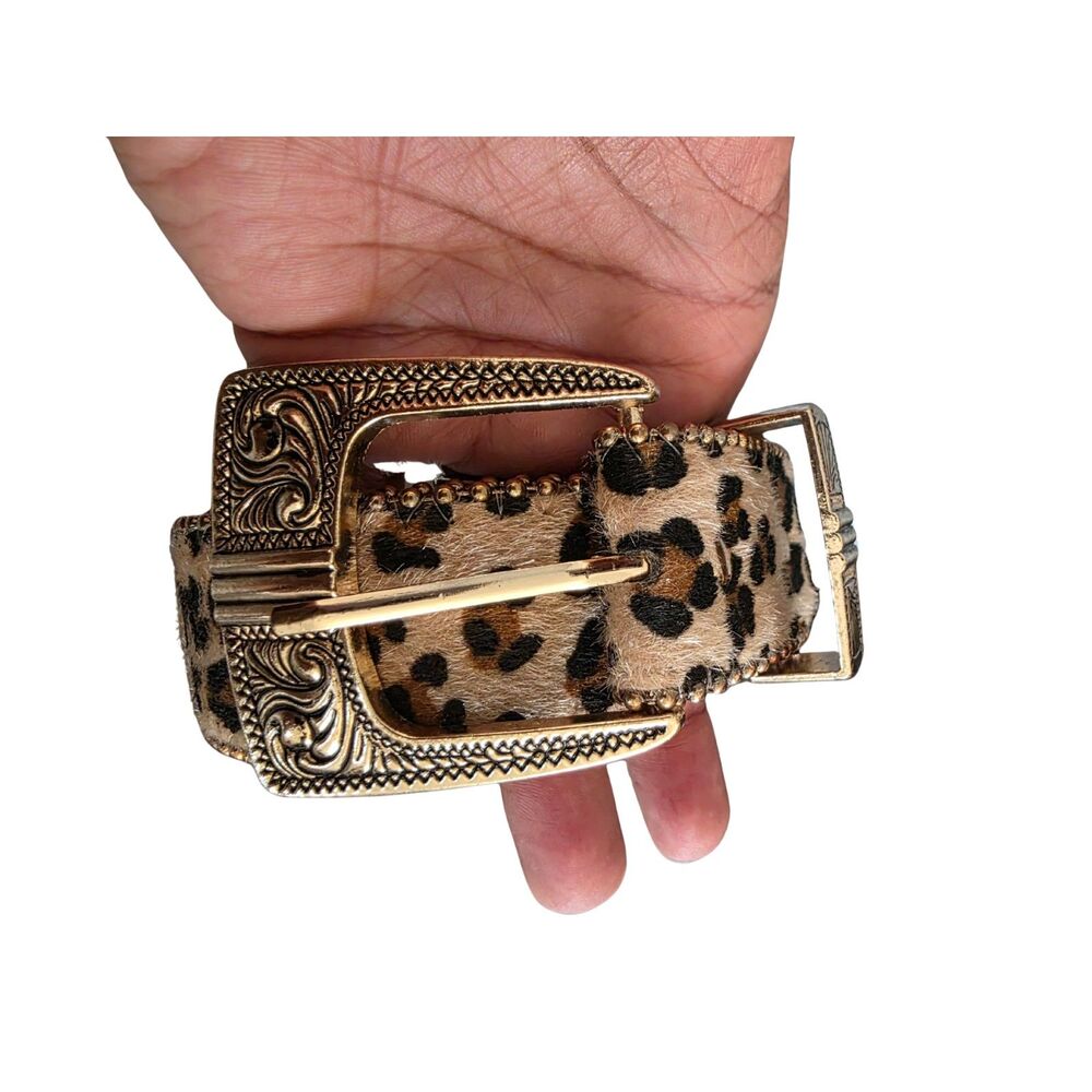 Leopard Print Western Belt Gold Engraved Buckle Boho